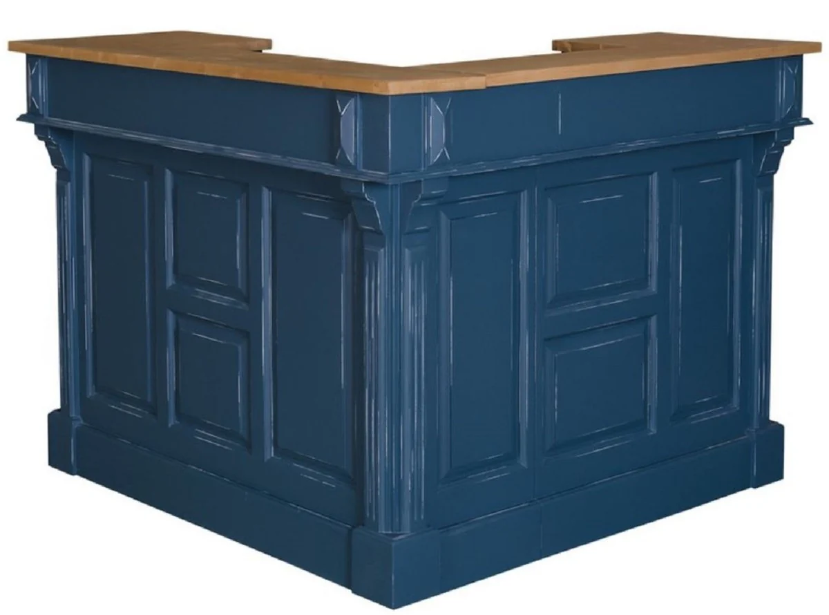 Casa Padrino barra de bar de estilo campestre azul oscuro antiguo / natural 140 x 140 x H. 107 cm - Barra de Bar con 2 Cajones - Muebles de Estilo Campestre