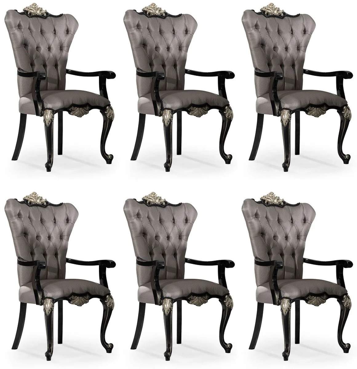 Casa Padrino conjunto de 6 sillas de comedor barrocos de lujo con reposabrazos plata / negro / plata - Magn¨ªficas sillas de cocina de estilo barroco - Muebles de comedor barrocos de lujo