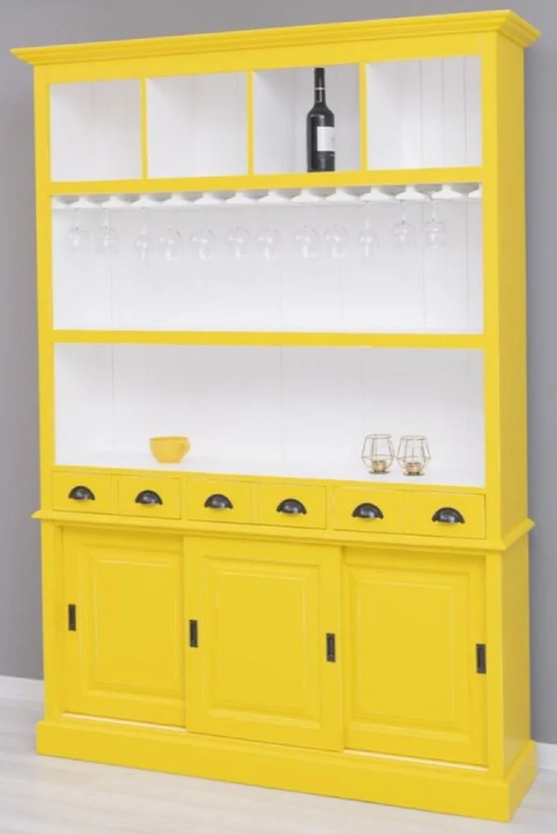Casa Padrino armario de bar de madera maciza de estilo campestre amarillo / blanco 151 x 36 x A. 210 cm - Gabinete de vino de madera maciza estilo campestre - Mueble bar de estilo campestre