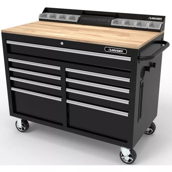 46 IN. W X 24.5 IN. D 9-DRAWER GLOSS BLACK DEEP TOOL CHEST MOBILE WORKBENCH WITH HARDWOOD TOP AND POWER STATION