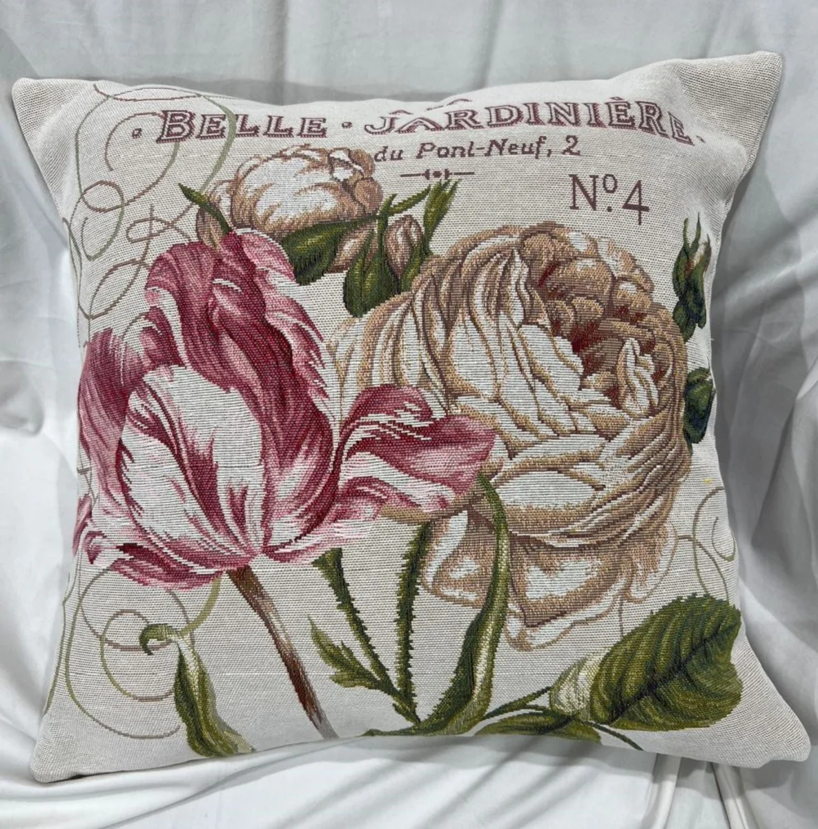 Casa Padrino cojín decorativo de lujo rosas crema / multicolor 45 x 45 cm - Almohada estampado con tejido tapiz fino - Accesorios decorativos de lujo