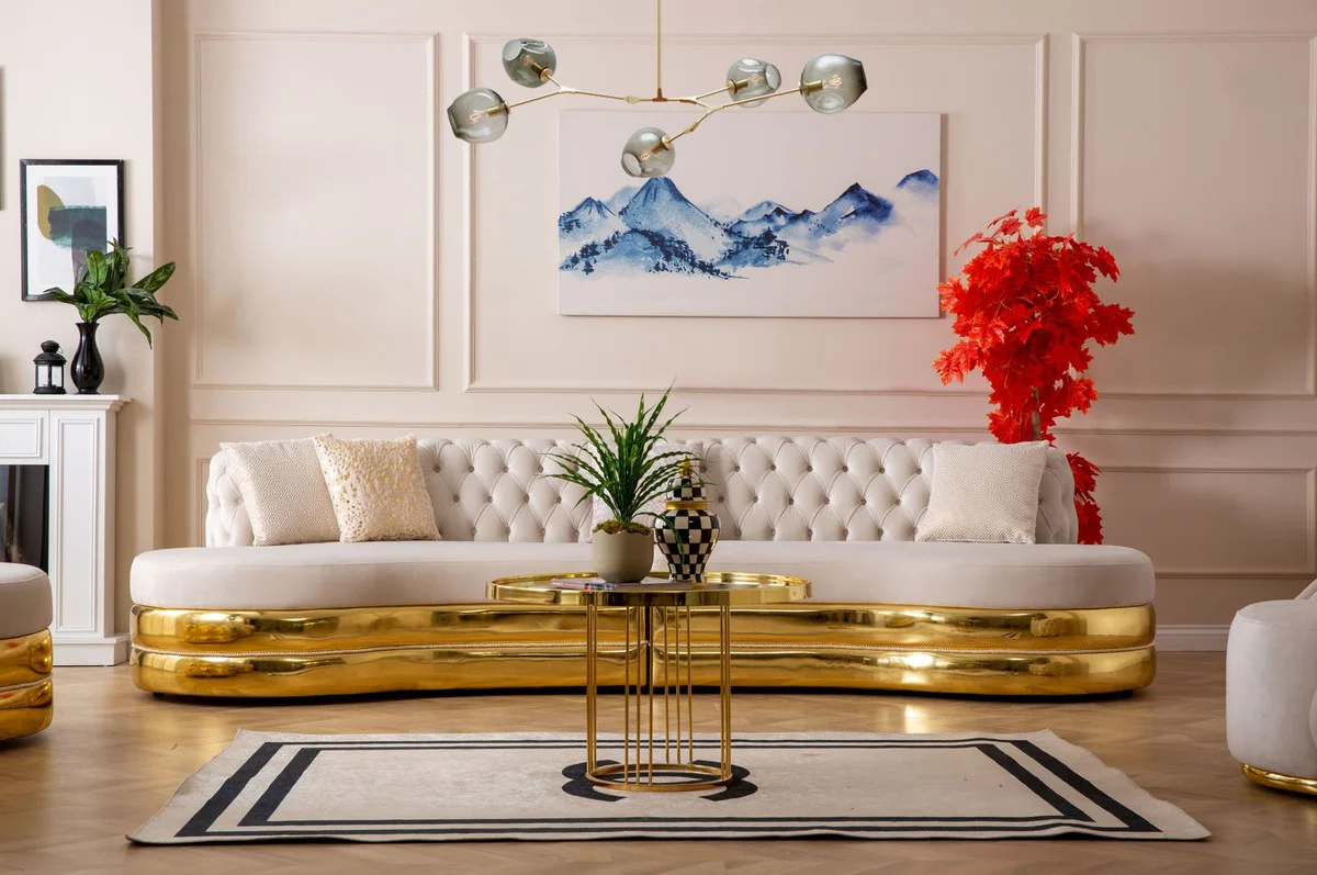 Casa Padrino sof¨¢ de 4 plazas Chesterfield de lujo crema / oro 340 x 105 x A. 82 cm - Sof¨¢ Chesterfield curvo de sal¨®n - Muebles de sal¨®n - Muebles Chesterfield - Muebles de lujo - Interior de lujo