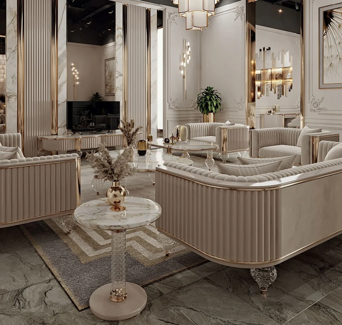 Casa Padrino mesa auxiliar Art Deco de lujo blanco / gris / oro ? 43 x A. 61 cm - Mesa redonda con tablero de m¨¢rmol artificial fino - Muebles de sal¨®n Art Deco - Muebles de sal¨®n de lujo