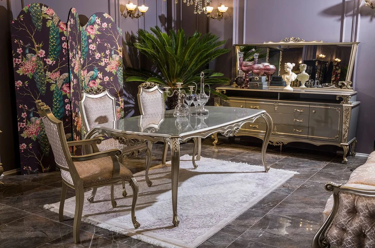 Casa Padrino mesa de comedor barroco de lujo plata - Magn¨ªfica mesa de comedor de madera maciza - Muebles de comedor barrocos - Noble y Magn¨ªfico