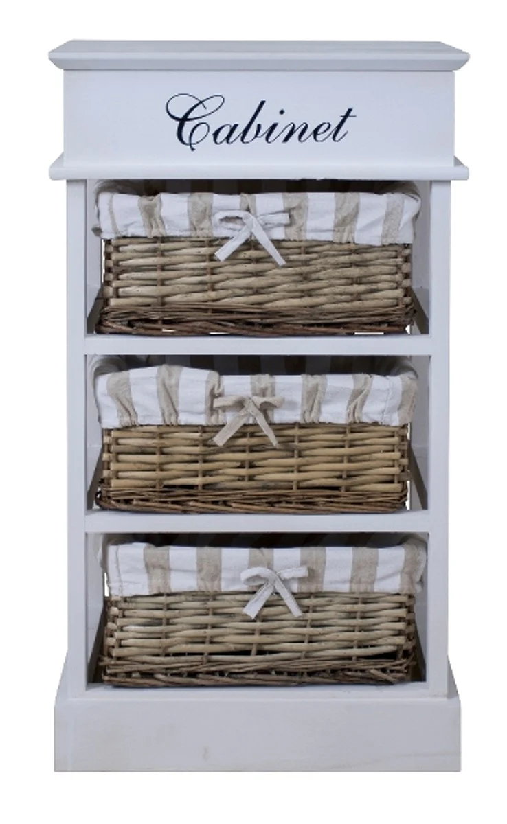 Casa Padrino country style chest of drawers white / natural colors 38 x 28 x H. 70 cm - Handmade Dresser with 3 Rattan Baskets