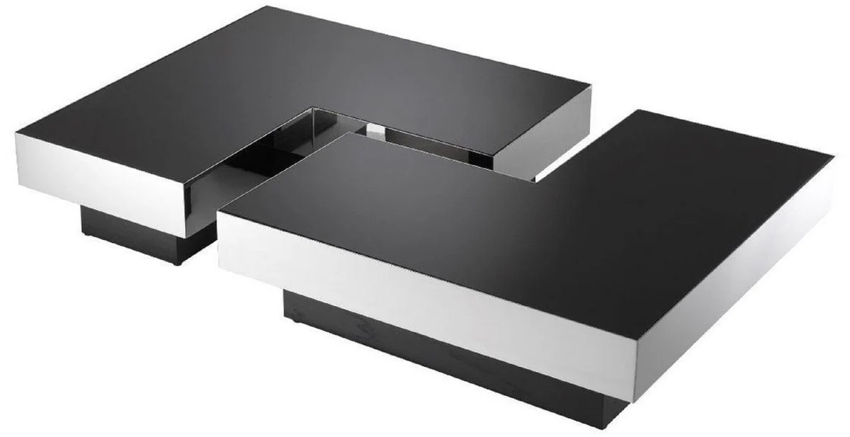 Casa Padrino conjunto de mesa de centro de lujo plata / negro - 2 Mesas de sal¨®n en forma de L con 2 bandejas cuadradas - Muebles de sal¨®n - Colecci¨®n de Lujo