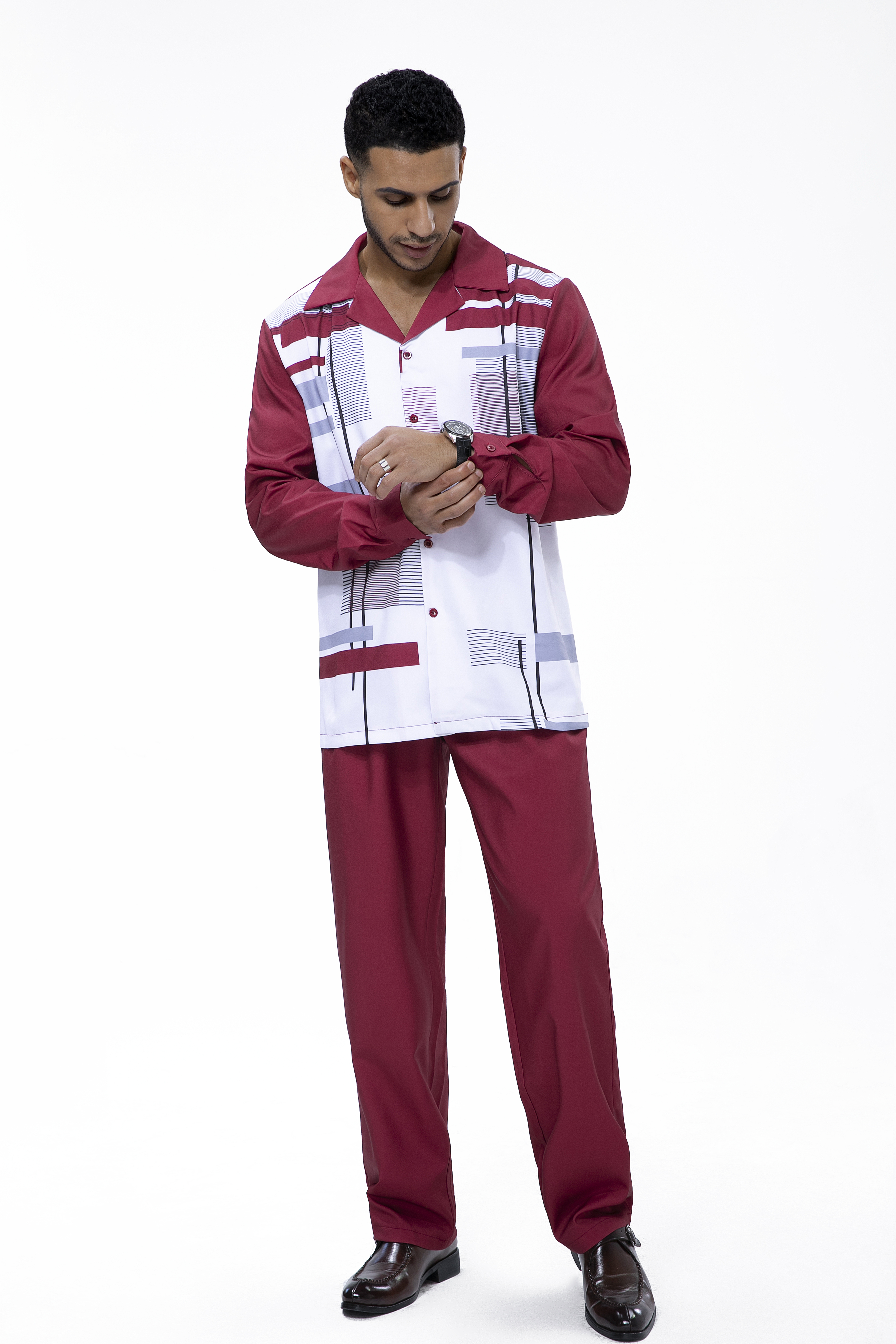 Suitmens Burgundy Geometric Print Walking Suit 2 Piece LongSleeve Set