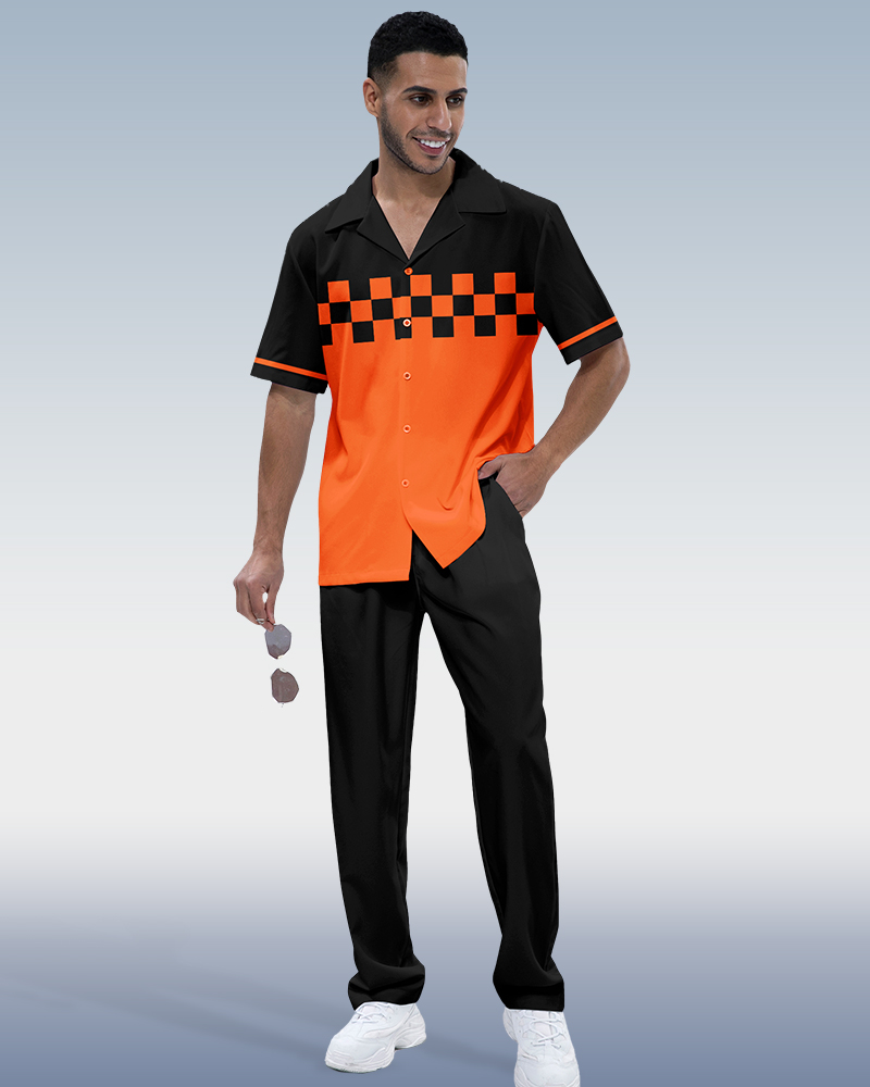 Suitmens Men's Black Plaid Short Sleeve Walking Suit