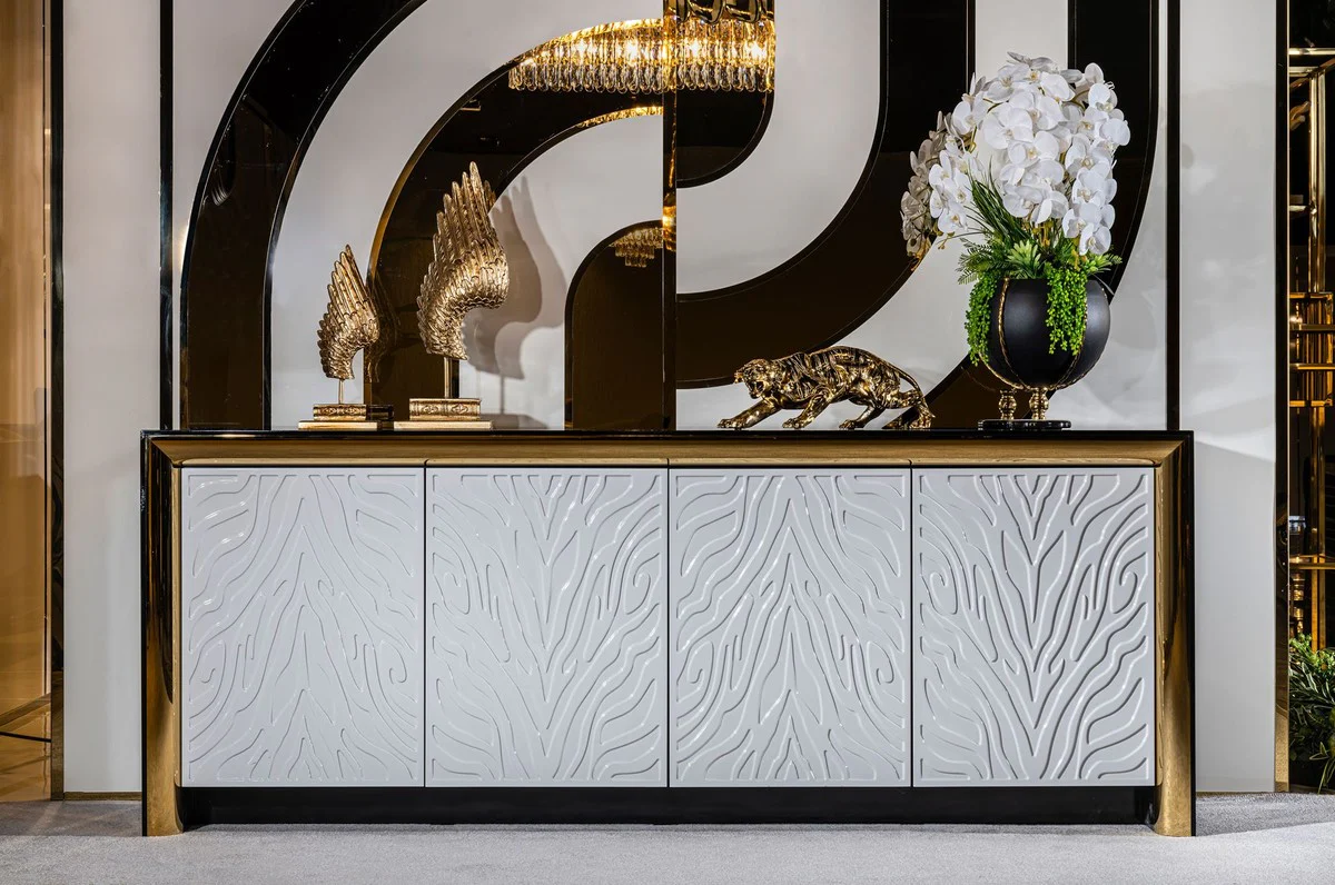 Casa Padrino aparador de lujo negro / blanco gris / oro 220 x 52 x A. 87,5 cm - Gabinete de madera maciza noble con 4 puertas - Muebles de lujo - Interiores de lujo