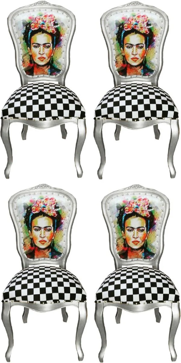 Casa Padrino Conjunto de Sillas de Comedor Barroco de Lujo Madmoisell Plata / Multicolor 55 x 54 x H. 103 cm - 4 Sillas de Comedor Hechas a Mano con Diamantes de Imitaci¨®n - Muebles de Comedor Barrocos