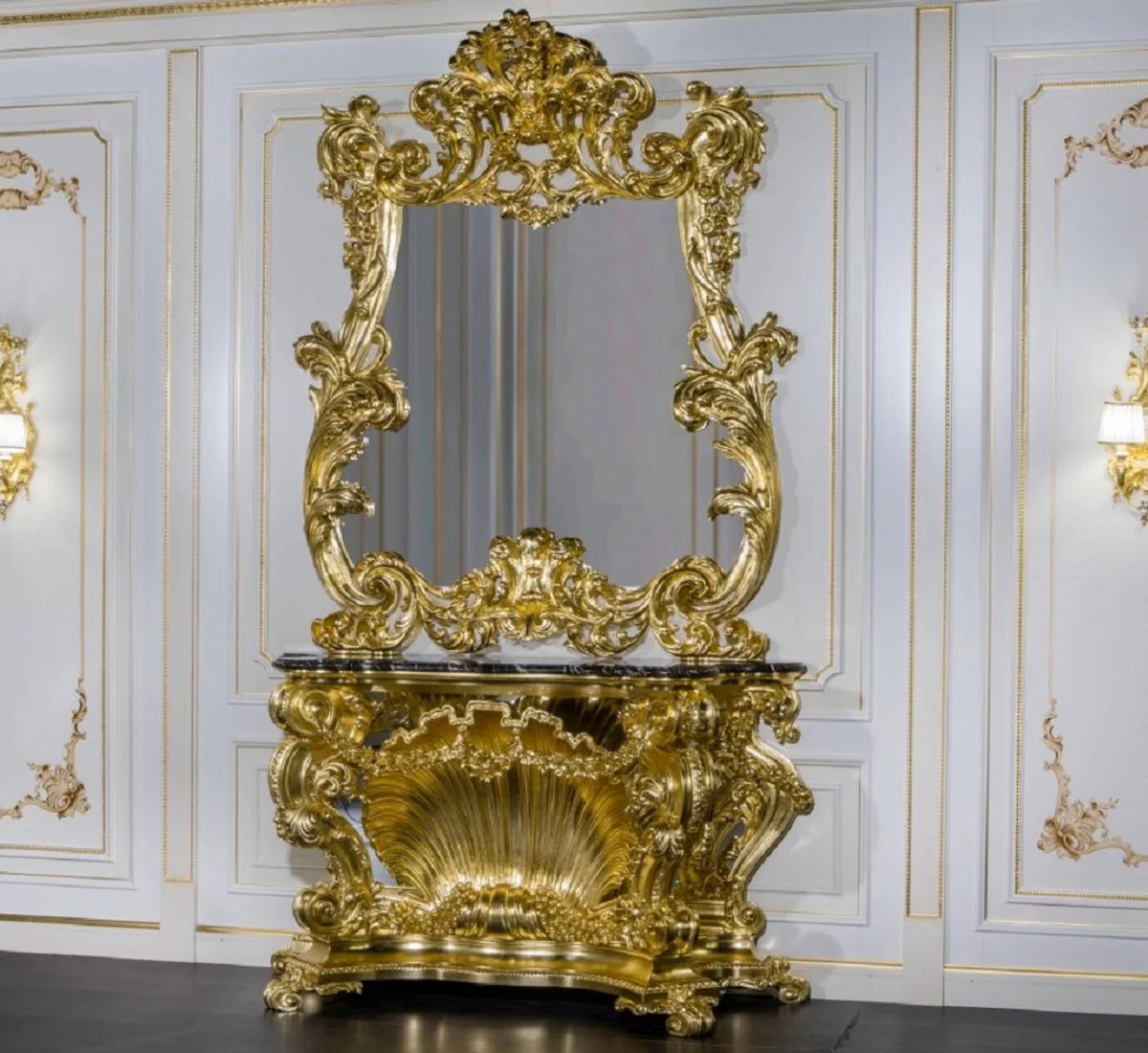 Casa Padrino conjunto de muebles barrocos de lujo consola con espejo oro / negro - Magn¨ªfica consola tallada a mano con espejo de pared - Muebles de Castillo de Restaurante de Hotel - Calidad de Lujo