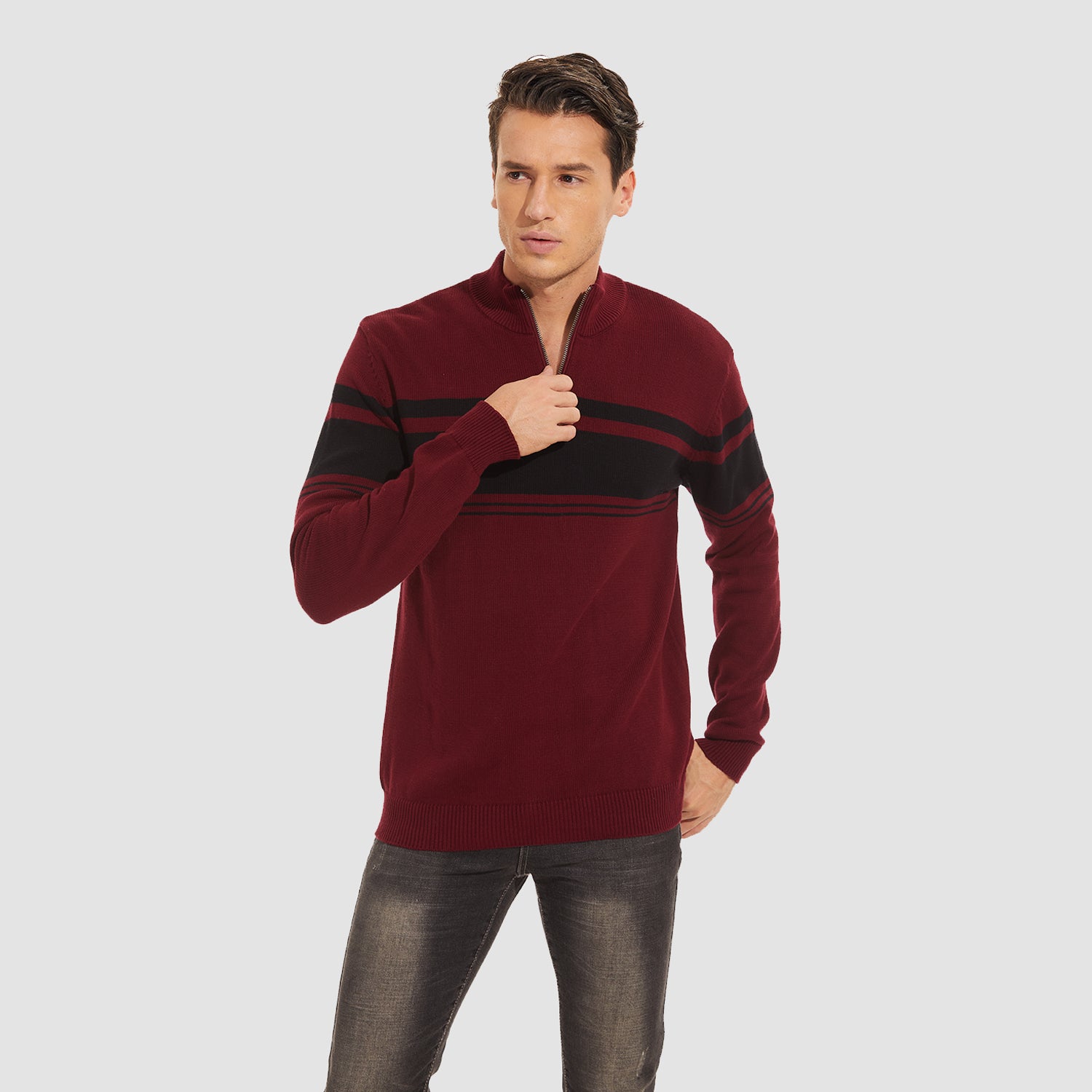 Men's Sweater Half Zipper Turtleneck Warm Pullover Slim Fit Casual Comfortable Striped Knitted Sweaters
