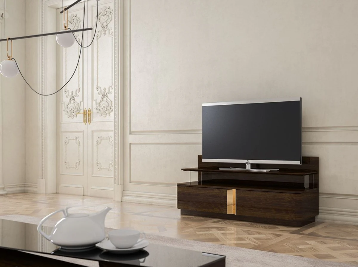 Casa Padrino gabinete de tv de sala de estar de lujo con 2 cajones marrón / oro 150 x 50 x A. 67 cm - Muebles de salón nobles - Calidad de Lujo