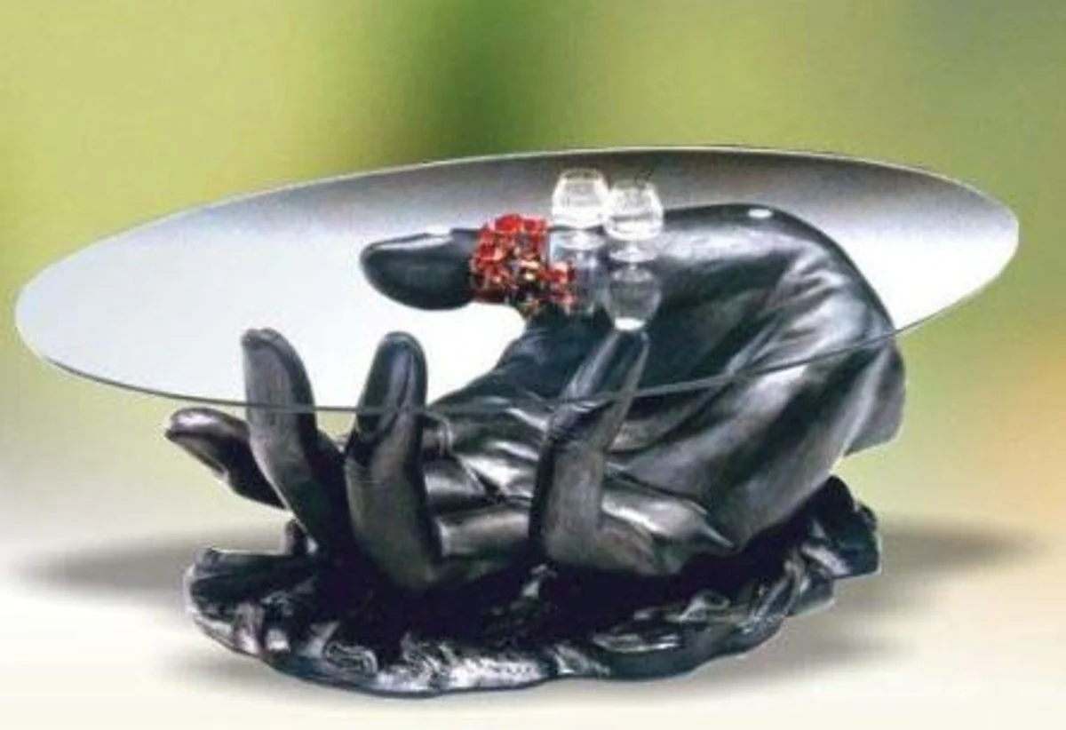 Casa Padrino mesa de centro de dise?o mano negro 89 x 60 x A. 43,5 cm - Mesa de sal¨®n con sobre de vidrio ovalado - Muebles de sal¨®n de dise?o