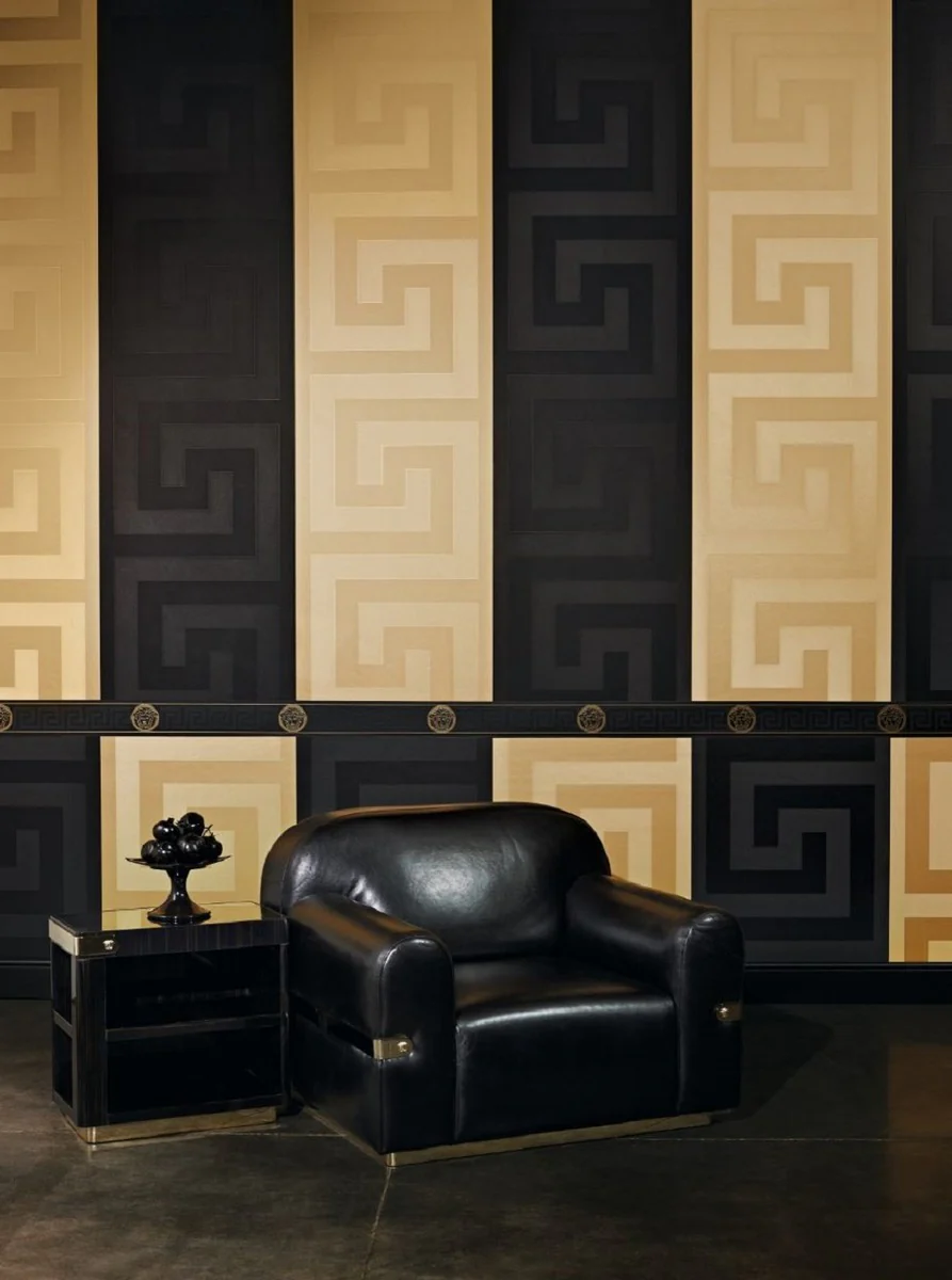 Versace Papel Pintado No Tejido Barroco Diseño Griego 935224 Negro / Oro - Borde - Papel Tapiz de Diseño - Calidad de Lujo