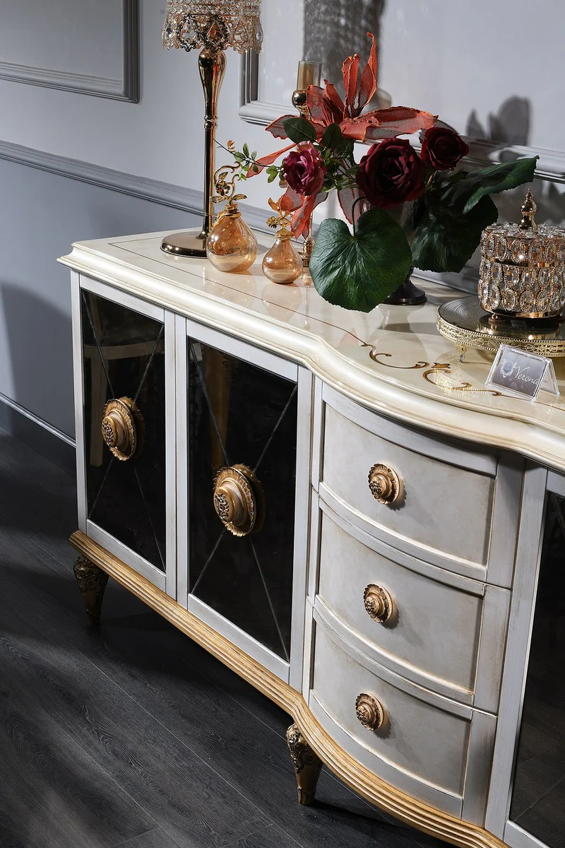 Casa Padrino conjunto de sala de estar barroco de lujo blanco / oro - C¨®moda Barroco y 3 Espejos de Pared - Muebles Barrocos