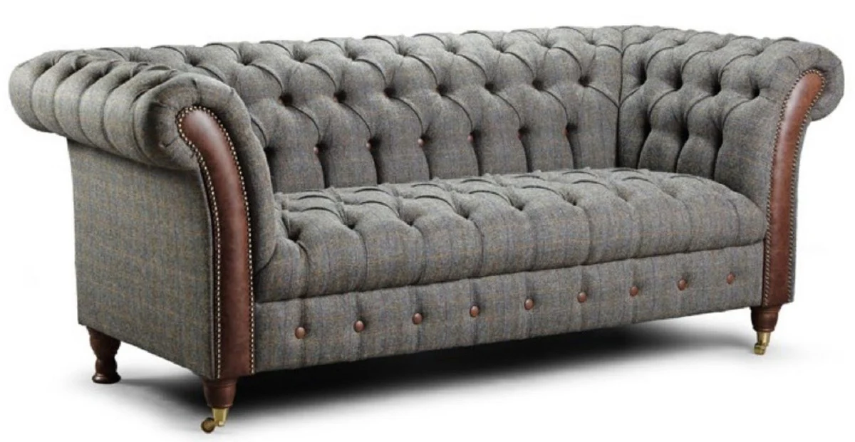 Casa Padrino sof¨¢ de 2 plazas Chesterfield de lujo gris / marr¨®n oscuro 200 x 95 x A. 85 cm - Sof¨¢ de sal¨®n con cuero aut¨¦ntico - Muebles de Sal¨®n Chesterfield