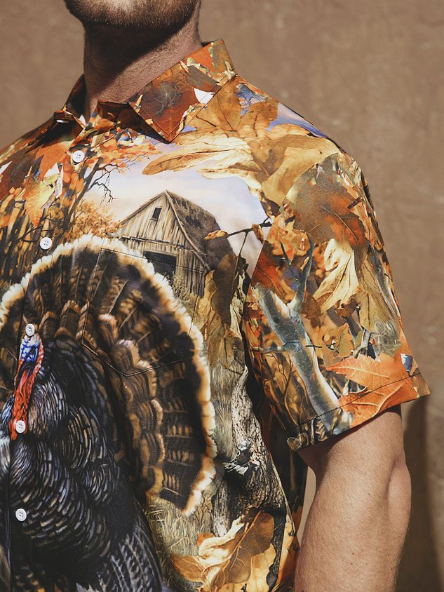 Men's Thanksgiving Turkey Print Casual Short Sleeve Hawaiian Shirt with Breast Pocket