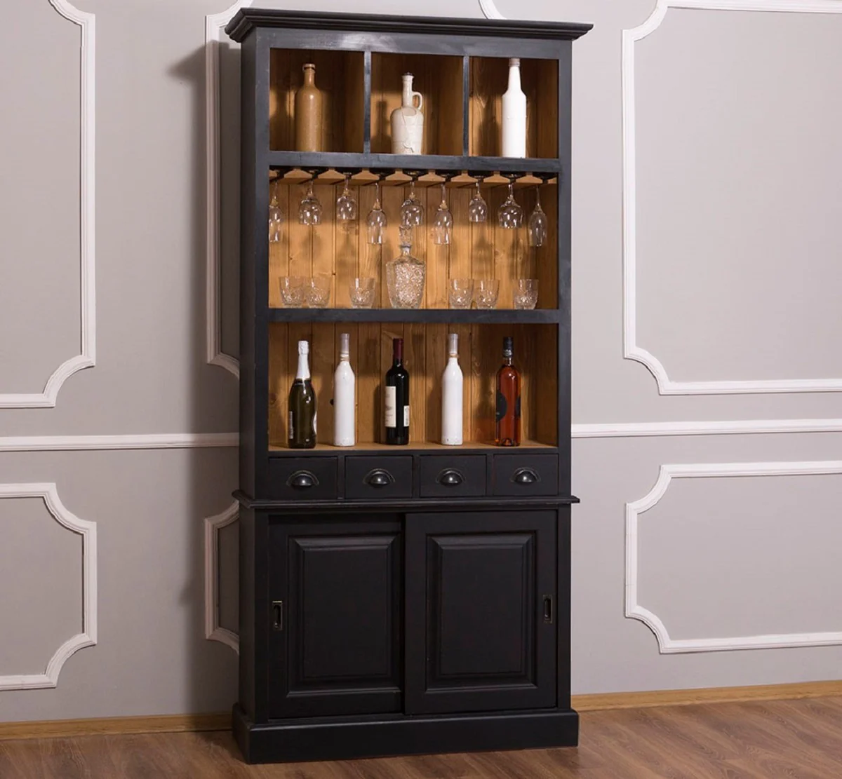 Casa Padrino gabinete de vino de estilo campestre negro / natural 103 x 36 x H. 210 cm - Gabinete de Bar en Estilo Campestre
