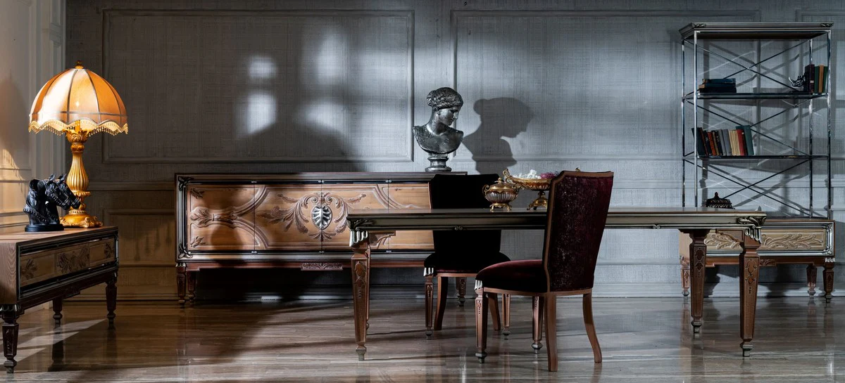 Casa Padrino mesa de comedor barroco de lujo beige / plata - Magn¨ªfica mesa de comedor de madera maciza en estilo barroco - Muebles de comedor barrocos