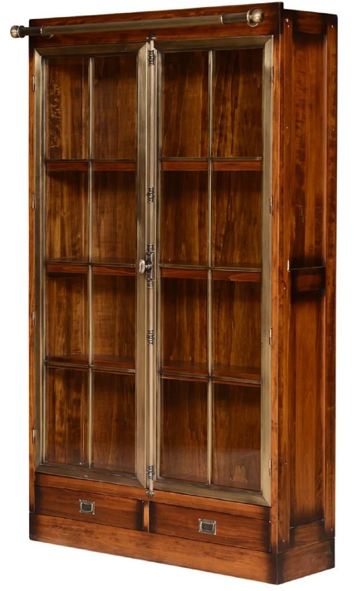 Casa Padrino vitrina de estilo vintage de lujo marrón / latón 105 x 34 x A. 185 cm - Vitrina de madera maciza con 2 puertas de vidrio y 2 cajones - Muebles de estilo vintage - Muebles de lujo