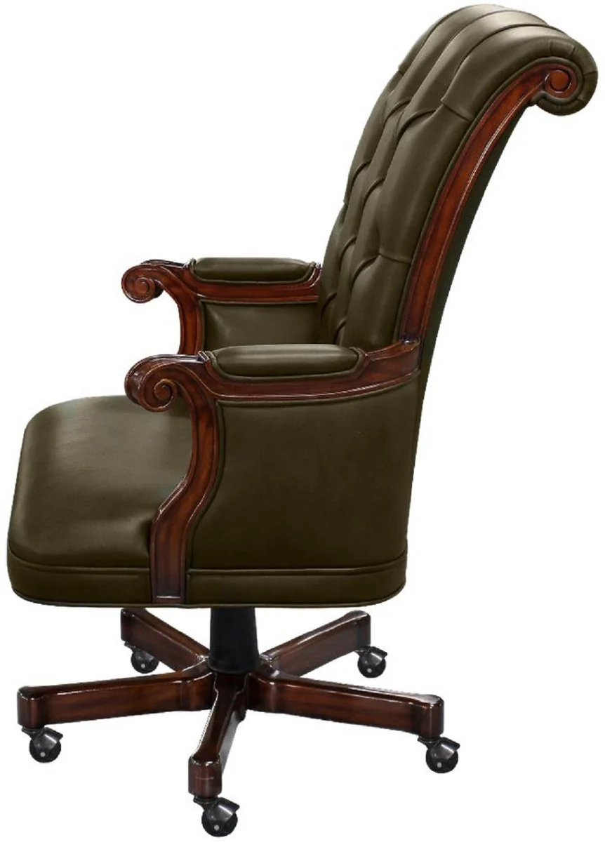 Casa Padrino silla de oficina Chesterfield de lujo verde oscuro / marr¨®n oscuro 71 x 76 x A. 114 cm - Silla de escritorio de caoba ajustable en altura con piel genuina - Muebles Chesterfield Oficina
