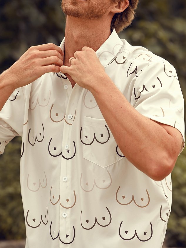 Geometric Line Drawing Chest Pocket Short Sleeve Casual Shirt