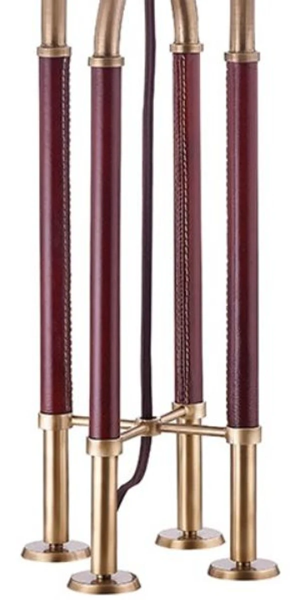 Casa Padrino lámpara de mesa de lujo latón antiguo / marrón / blanco Ø 40,6 x H. 73,7 cm - Lámpara de Metal Noble con Cuero de Alta Calidad y Pantalla de Lino - Calidad de Lujo