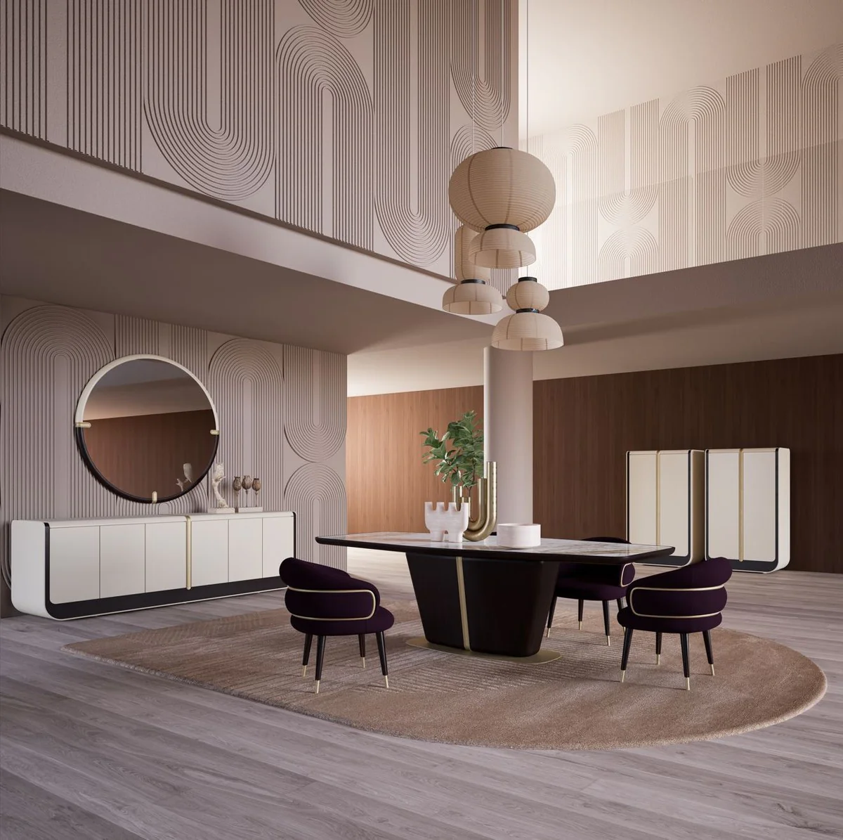 Casa Padrino aparador de lujo crema / negro / beige 260 x 60 x A. 75 cm - Armario de madera maciza con 6 puertas - Muebles de comedor - Muebles de lujo - Interiores de lujo