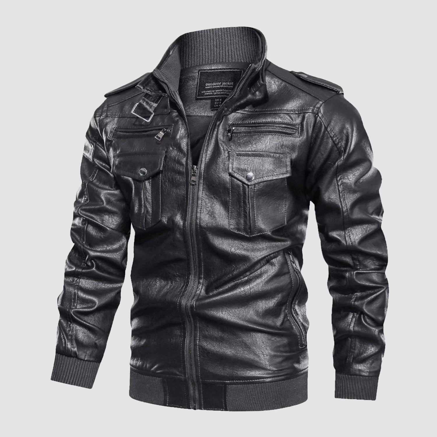 Men's Vintage Pu Faux Leather Jacket with 6 Pockets Stand Collar Motorcycle PU Leather Outwear Coat