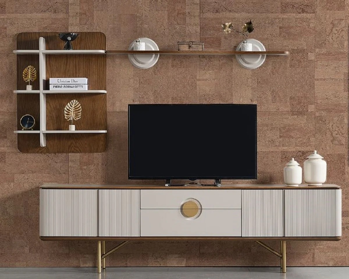 Casa Padrino conjunto de gabinete de TV para sala de estar de lujo gris claro / marr¨®n / lat¨®n - 1 Gabinete de TV y 1 Estante de Pared - Muebles de sal¨®n de madera maciza - Muebles de lujo