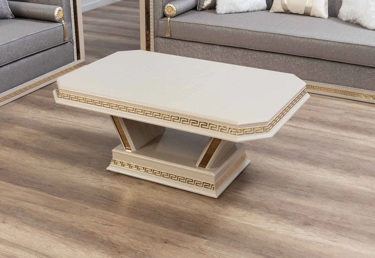 Casa Padrino mesa de centro Art Deco de lujo crema / oro - Mesa de sal¨®n de madera maciza hecha a mano - Muebles de Sal¨®n Art Deco