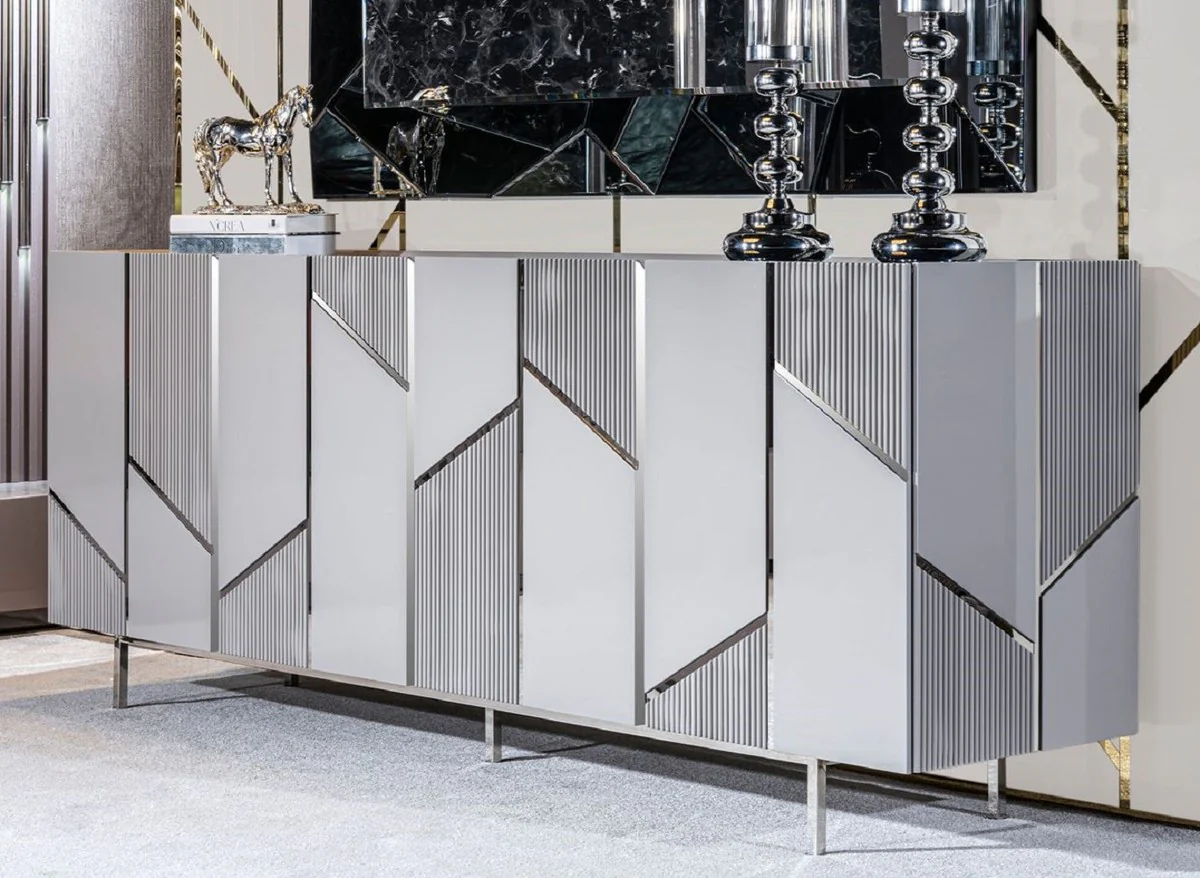 Casa Padrino aparador de lujo gris / plata 220 x 51 x A. 86 cm - Armario de madera maciza con 4 puertas - Muebles de comedor - Muebles de sal¨®n - Muebles de hotel - Muebles de lujo