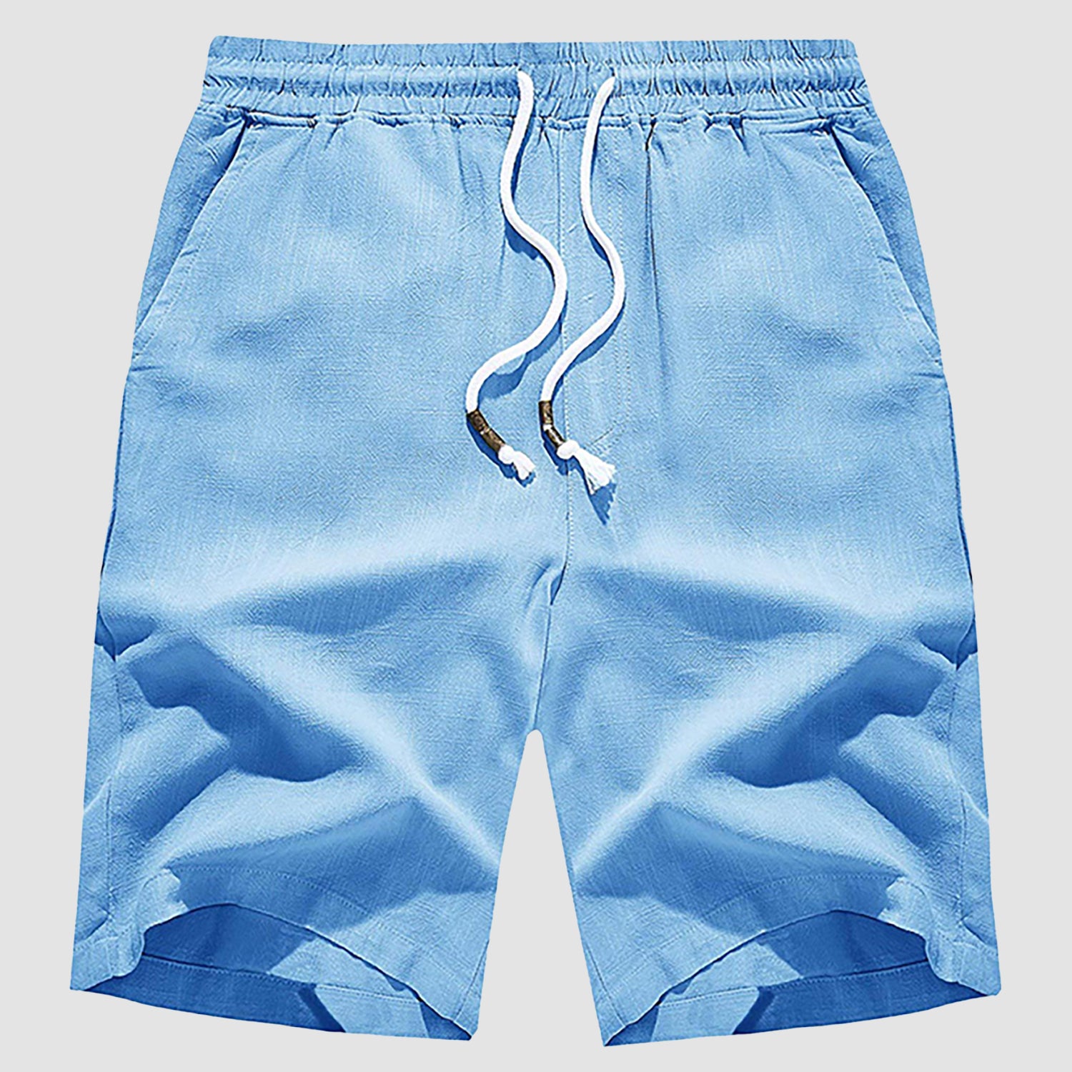 Men Linen Cotton Shorts Fashion Solid Color Drawstring Elastic Waist