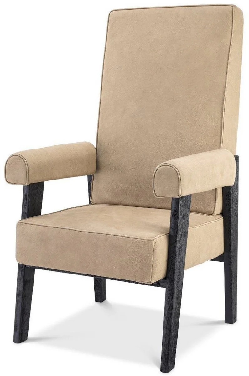 Casa Padrino sill¨®n de lujo de piel genuina con respaldo alto beige / negro 70 x 78 x A. 123 cm - Sill¨®n de sal¨®n con cuero fino de b¨²falo - Muebles de Lujo