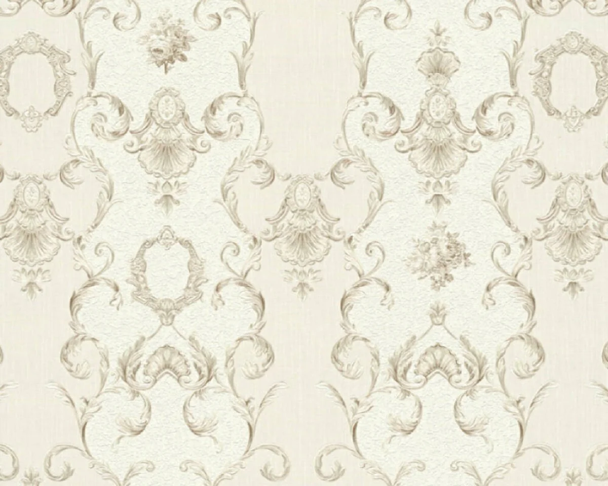 Casa Padrino papel pintado barroco no tejido crema / gris - Papel pintado para salón de estilo barroco con patrón elegante - Accesorios de decoración barroco