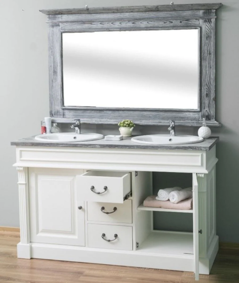 Casa Padrino Conjunto de Baño de Estilo Campestre Blanco / Gris - 1 Gabinete del Fregadero Doble y 1 Espejo de Pared - Muebles de Baño de Madera Maciza en Estilo Campestre