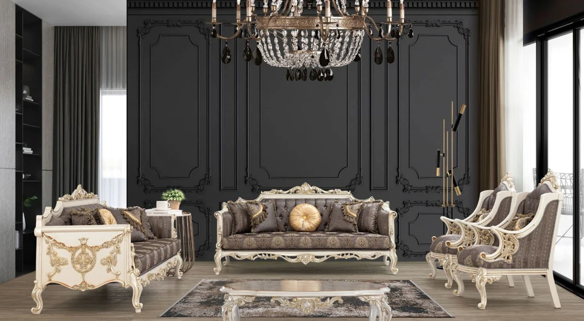 Casa Padrino sof¨¢ barroco de lujo gris / marr¨®n / blanco / oro / plata - Sof¨¢ de sal¨®n hecho a mano con patr¨®n elegante y pedrer¨ªa - Muebles de sal¨®n barrocos - Noble y Magn¨ªfico