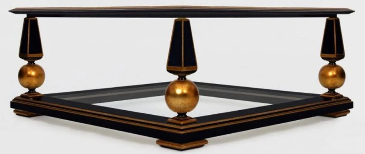 Casa Padrino mesa de centro barroco de lujo negro / oro antiguo 113 x 113 x A. 47 cm - Magn¨ªfica mesa de sal¨®n de madera maciza con platos de vidrio - Muebles de sal¨®n barrocos