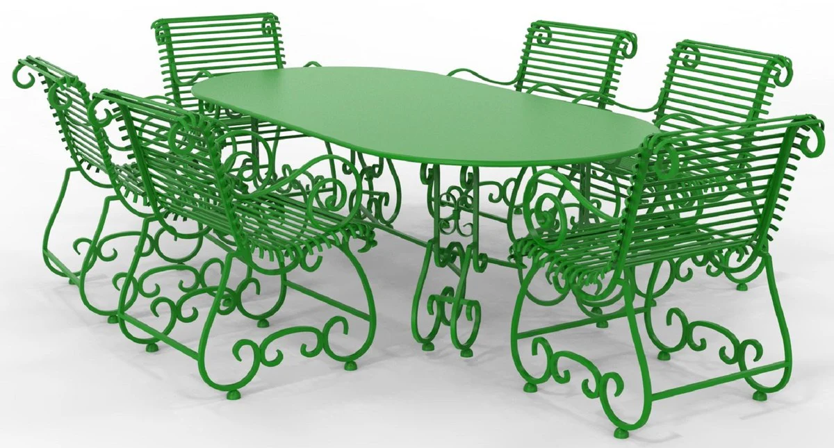 Casa Padrino Conjunto de Muebles de Jardín Art Nouveau de Hierro Forjado - Varios Colores - 1 Mesa de Jardín Ovalada y 6 Sillas de Jardín con Reposabrazos - Muebles de Jardín y Terraza Art Nouveau