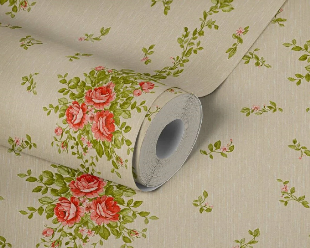 Casa Padrino papel pintado barroco no tejido beige / verde / rojo - Papel pintado de salón de estilo barroco con elegante patrón floral - Decoración de pared barroco