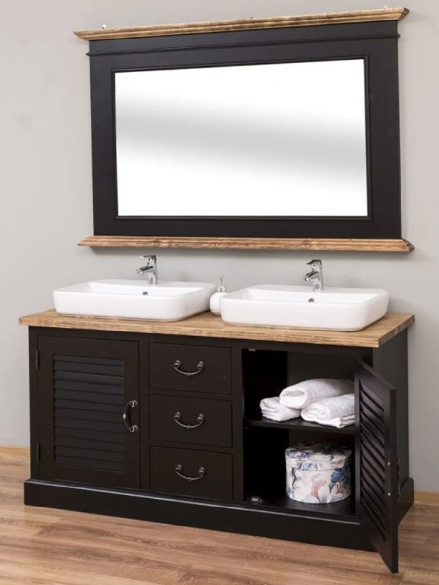 Casa Padrino Conjunto de Baño de Estilo Campestre Negro / Natural - 1 Gabinete del Fregadero Doble y 1 Espejo de Pared - Muebles de Baño Estilo Campestre