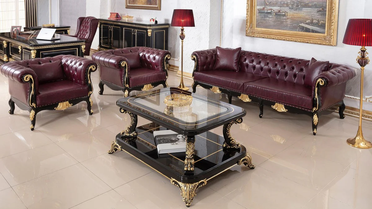 Casa Padrino mesa de centro barroco de lujo con tapa de vidrio negro / oro - Magn¨ªfica mesa de sal¨®n de madera maciza en estilo barroco - Muebles de sal¨®n barrocos - Noble y Magn¨ªfico