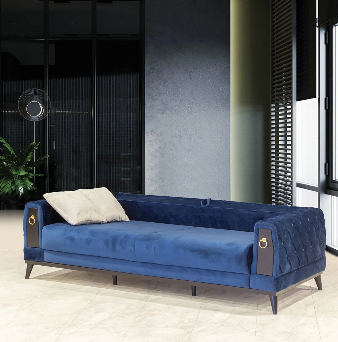 Casa Padrino sof¨¢ cama Chesterfield azul / negro / oro 222 x 90 x A. 80 cm - Sof¨¢ de sal¨®n moderno - Muebles Chesterfield - Muebles de Sal¨®n