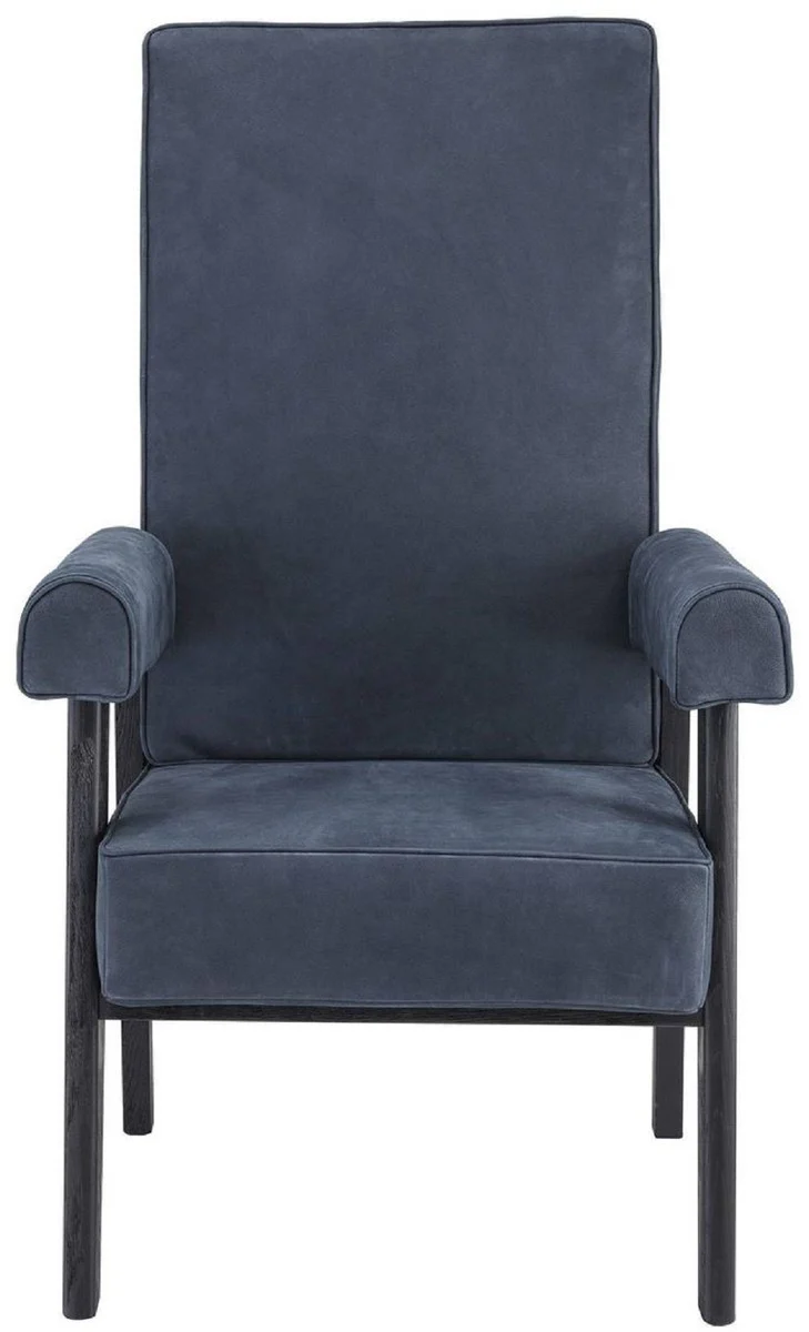 Casa Padrino sill¨®n de lujo de piel genuina con respaldo alto azul / negro 70 x 78 x A. 123 cm - Sill¨®n de sal¨®n con cuero fino de b¨²falo - Muebles de Lujo