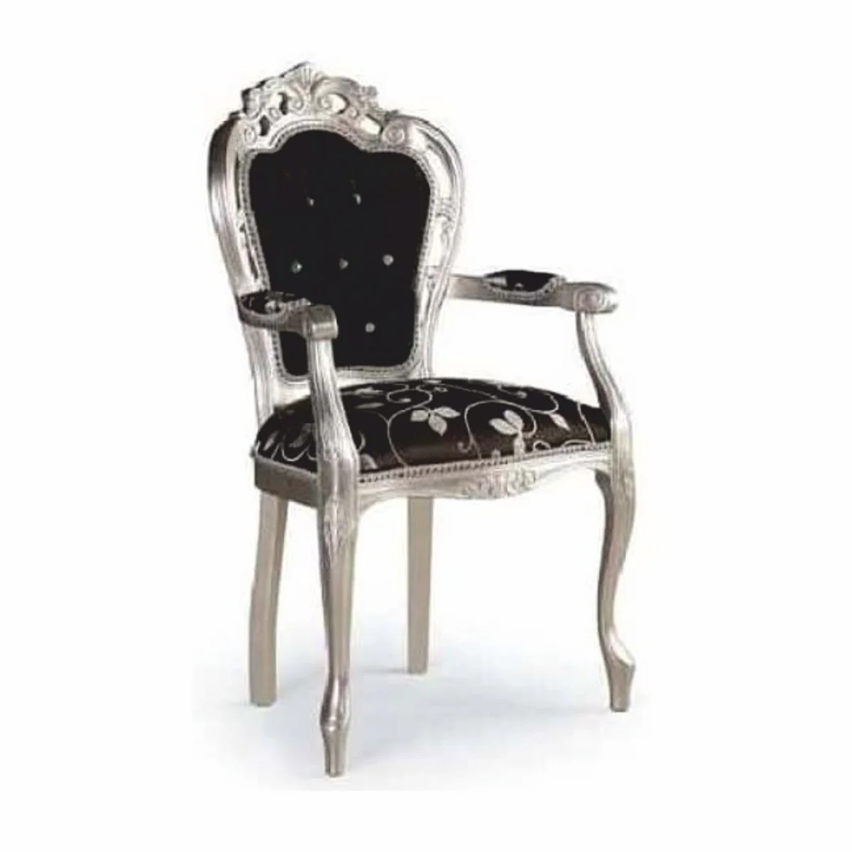 Casa Padrino Silla de Comedor Barroco de Lujo con Reposabrazos y Pedrer¨ªa Negro / Plata A. 102 cm