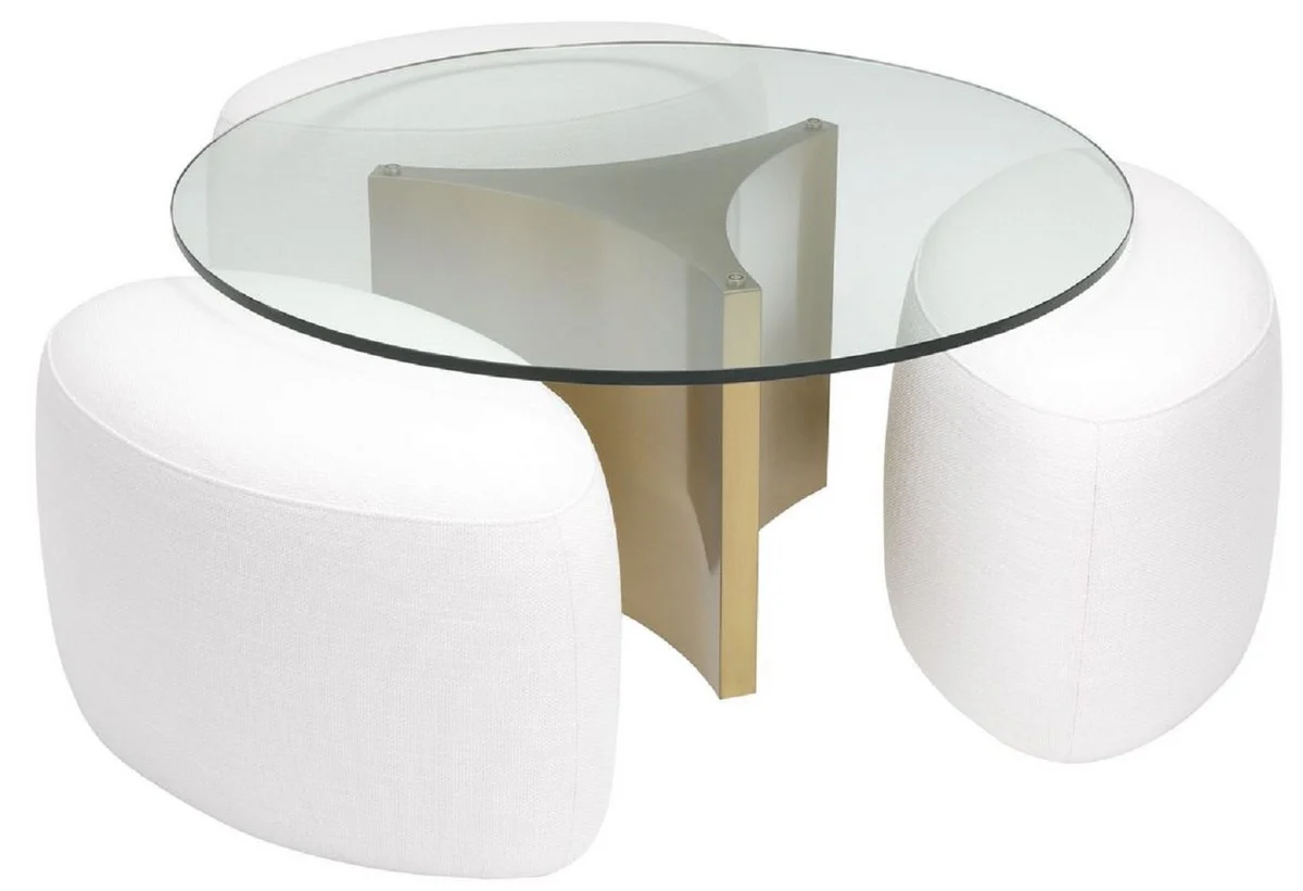 Casa Padrino mesa de centro de lujo blanco / lat¨®n antiguo ? 104 x A. 46,5 cm - Mesa de sal¨®n redonda de acero inoxidable con tapa de vidrio y 3 taburetes elegantes - Muebles de sala - Muebles de lujo