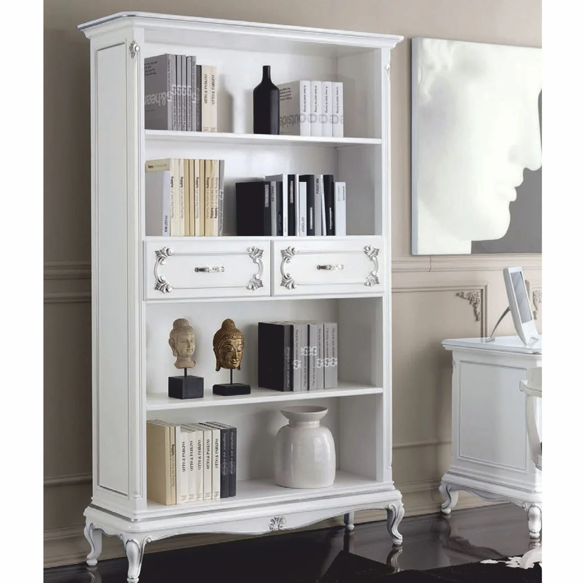 Casa Padrino armario de libros barroco de lujo blanco / plata 132 x Al. 211 cm - Hecho en Italia