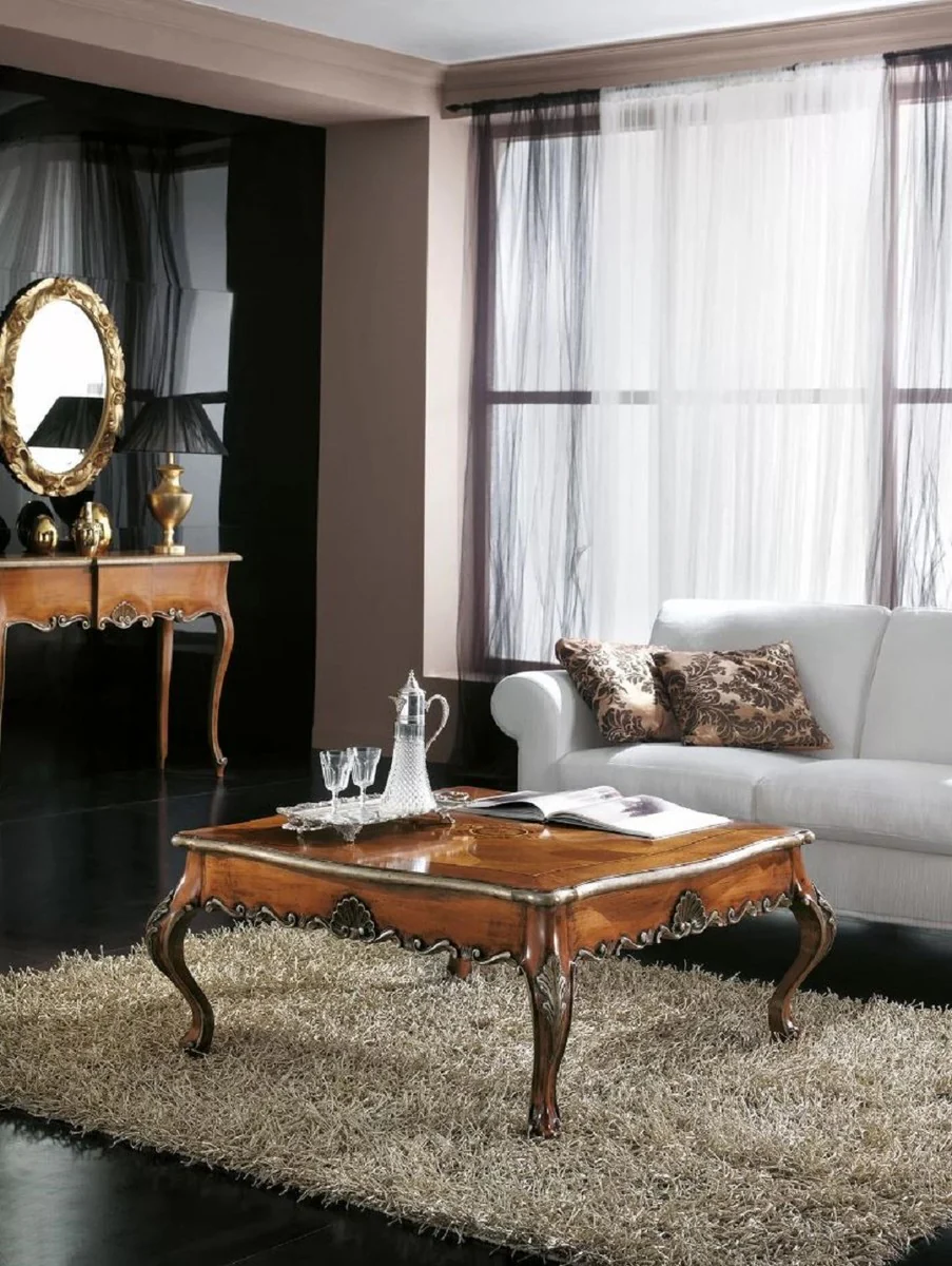 Casa Padrino mesa de centro barroco de lujo marr¨®n / plata - Mesa de sal¨®n cuadrada de madera maciza de estilo barroco - Muebles de Sal¨®n y Hotel Barrocos - Calidad de lujo - Hecho en Italia