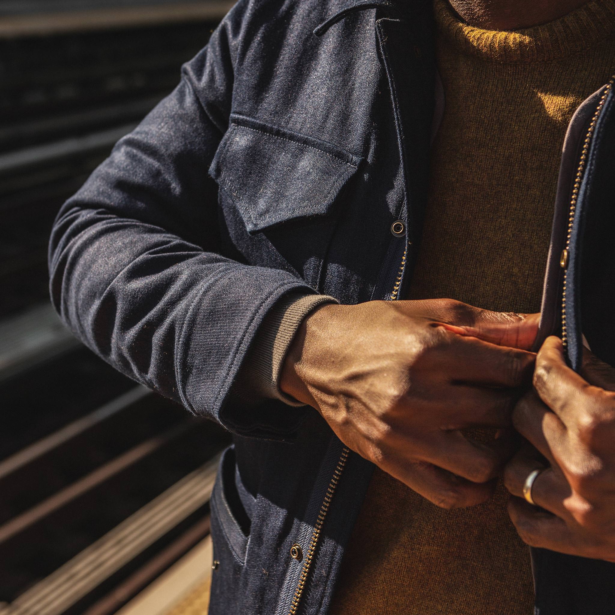 The Taylor Stitch x Alpha Industries M-51 in Indigo Reverse Sateen